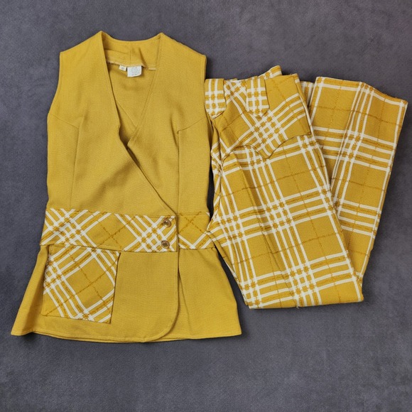 Vintage 70s Two Piece Set Vest Pants Yellow Plaid Rayon Cotton Womens Size 10 - Picture 1 of 16
